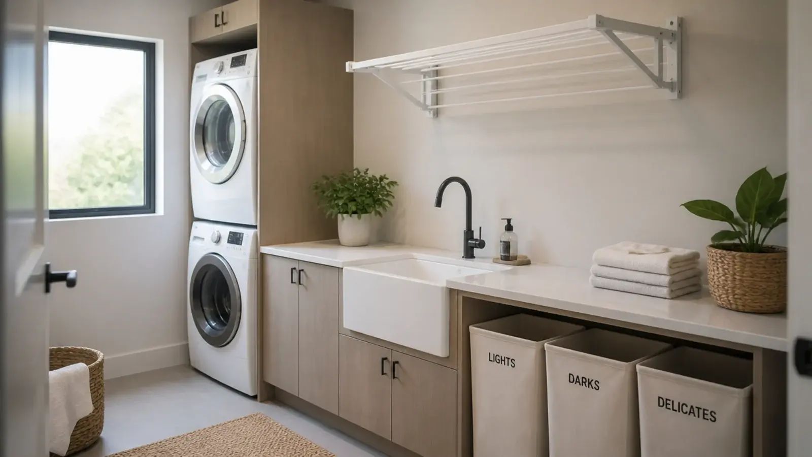 utility laundry room with a stacked pair worktop sink and wall drying rack