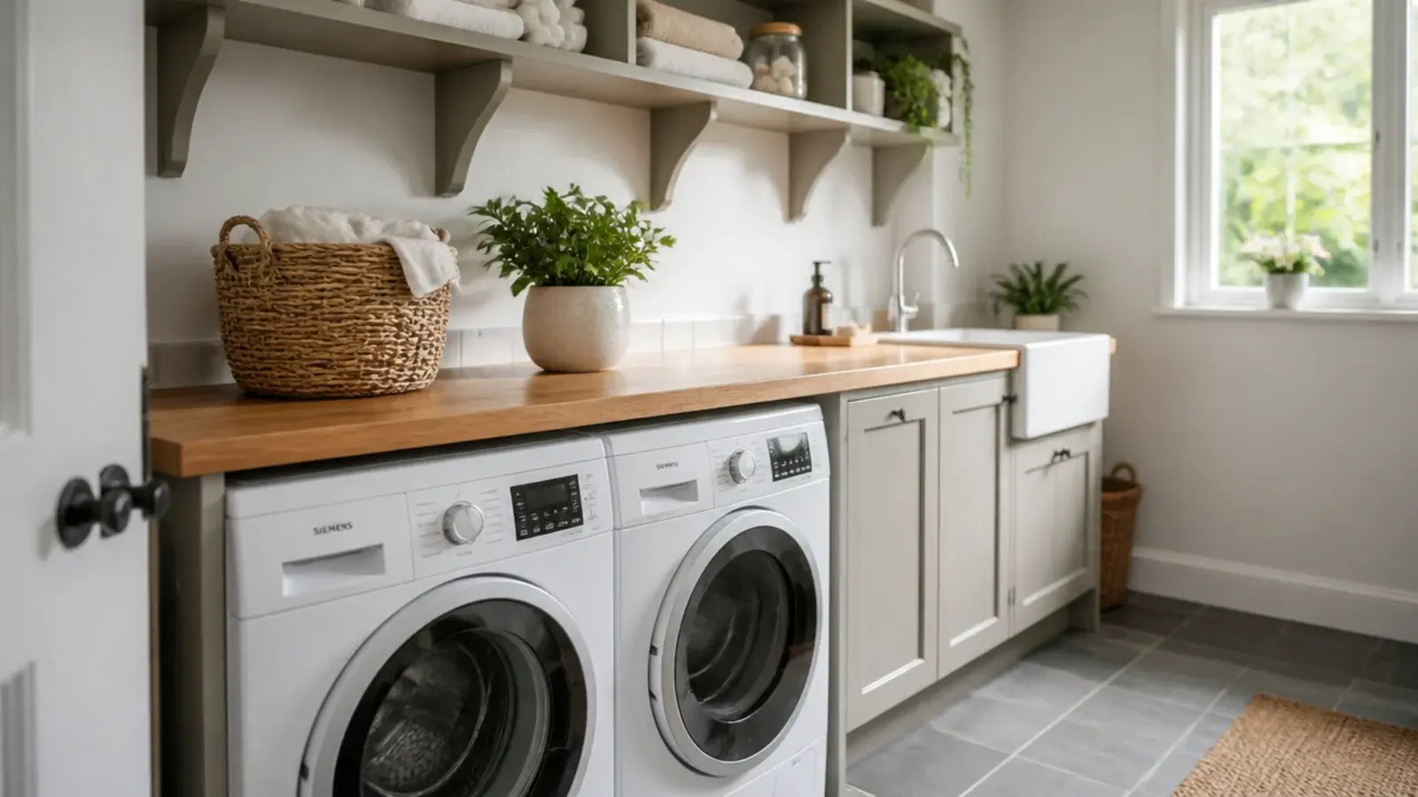 bright utility room ideas with stacked machines a wooden worktop and open shelving