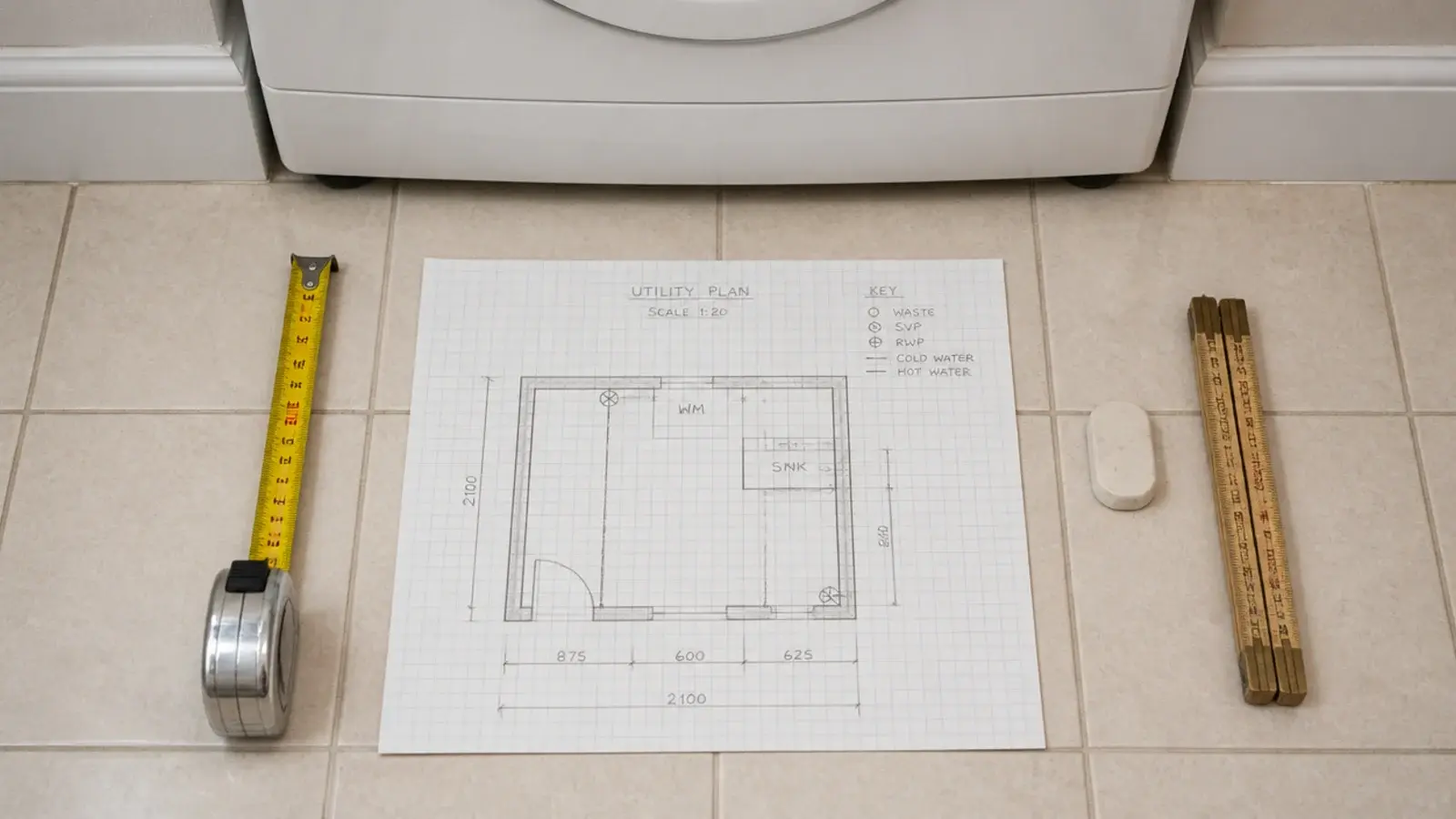 graph paper plan and a tape measure lying on a utility floor