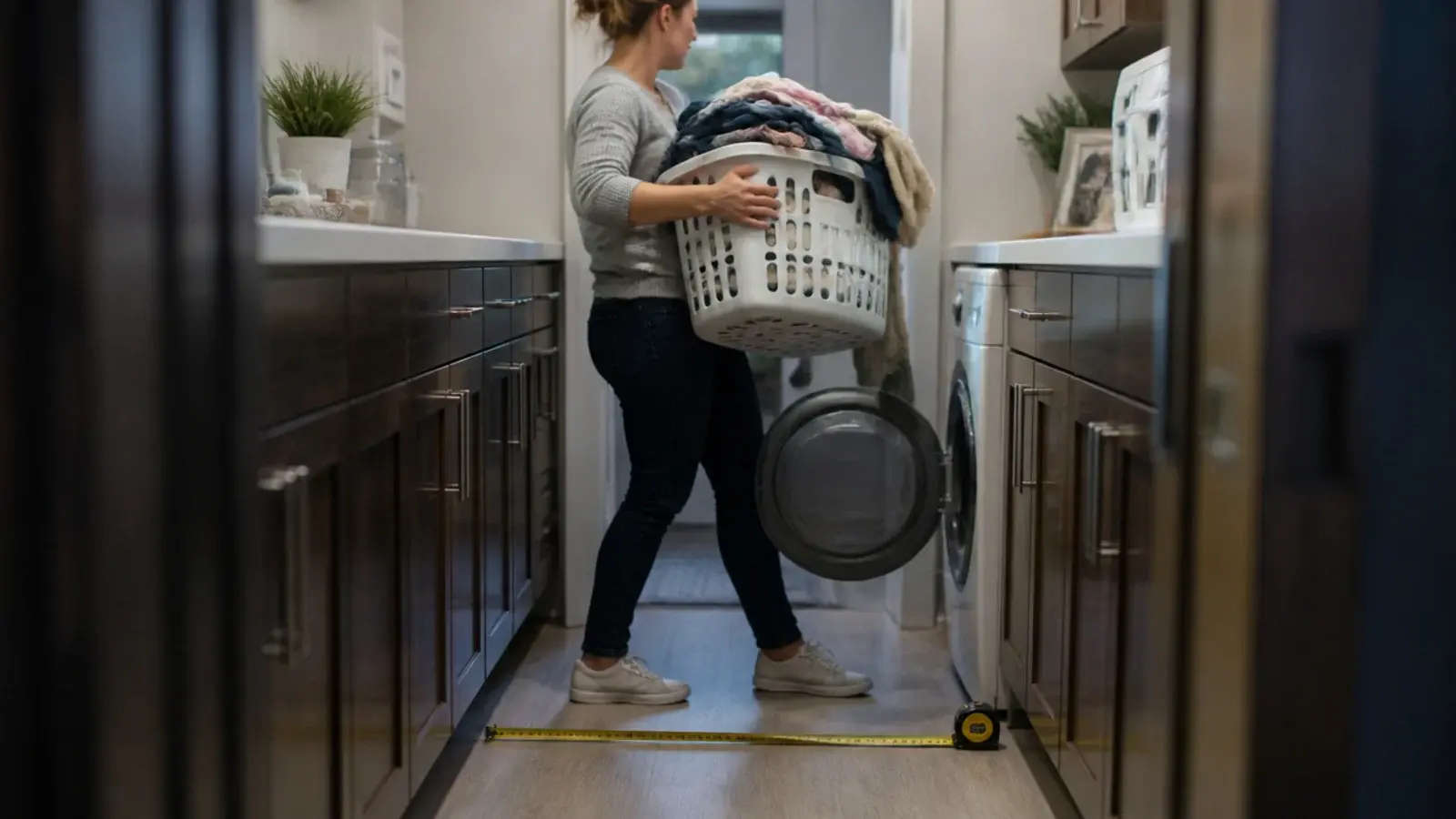 person turning sideways with a laundry basket in a tight walkway