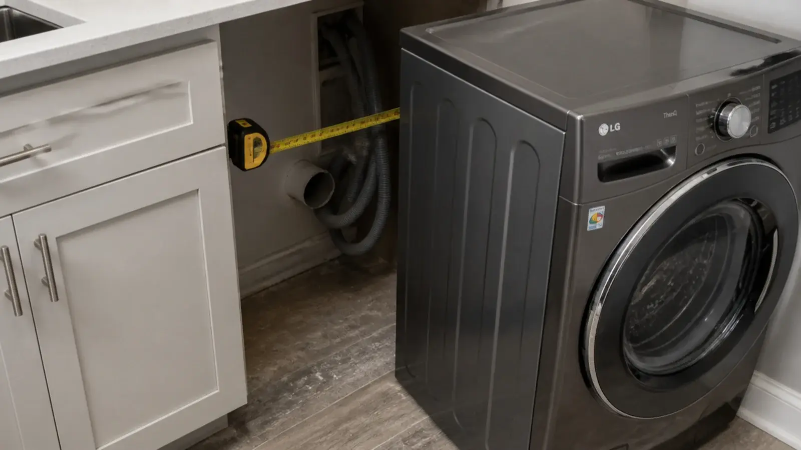 washing machine standing proud of the cabinet run with hoses behind