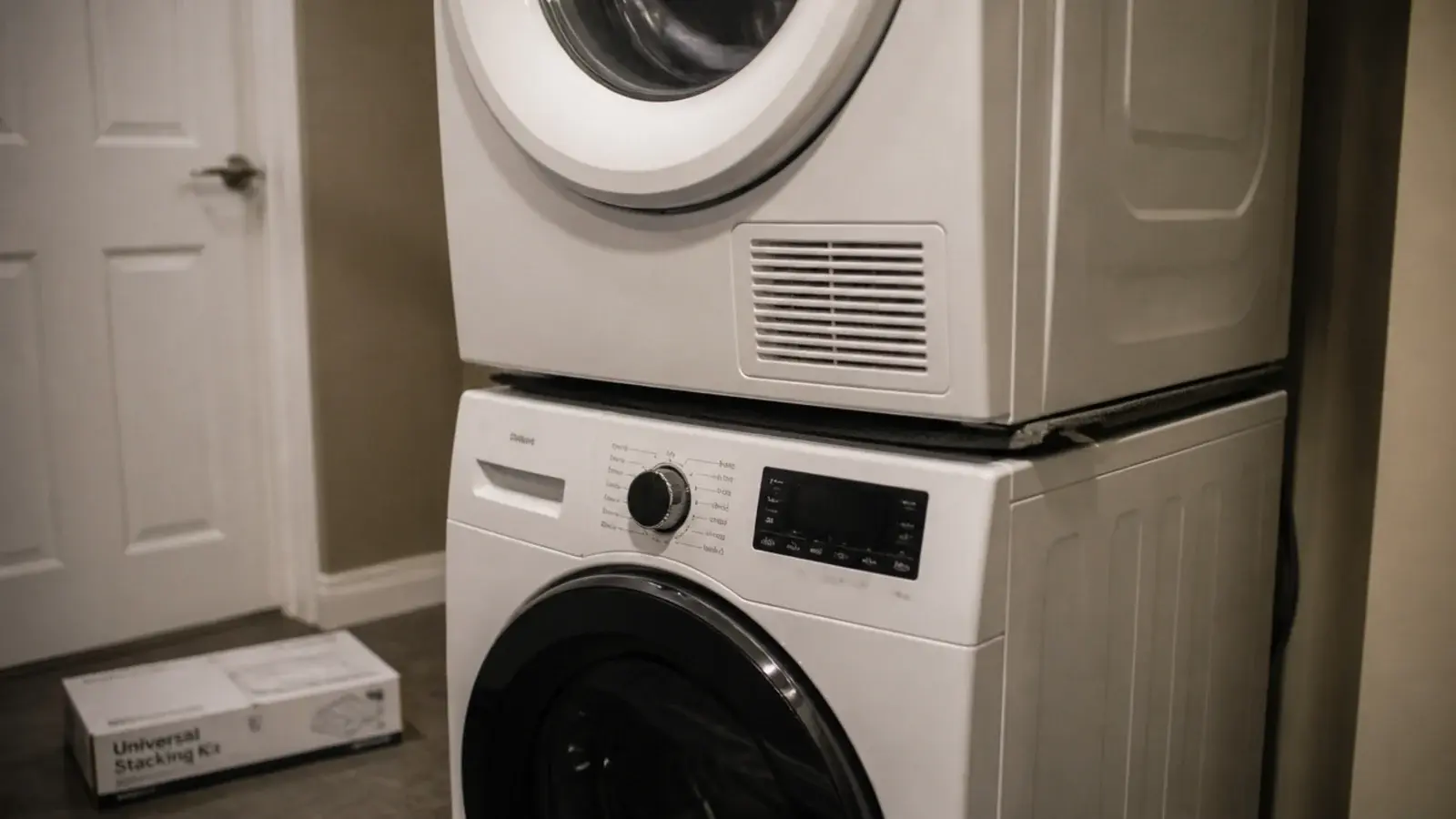unbracketed dryer sitting on a washer having shifted forward slightly