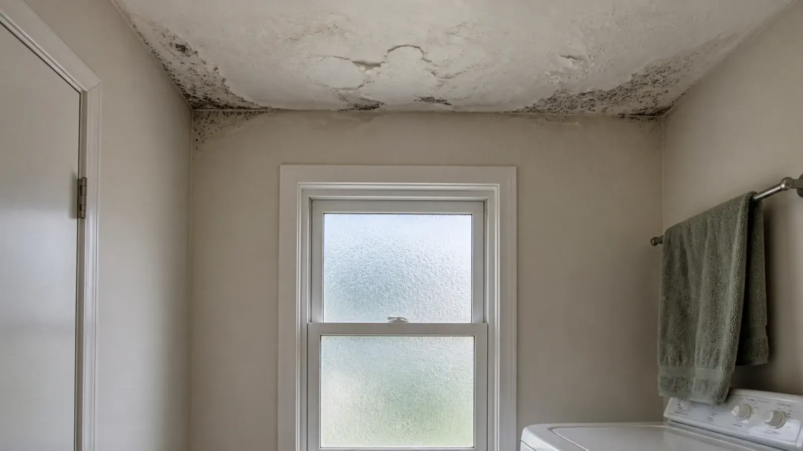 blistered ceiling paint and corner mould above a utility room dryer