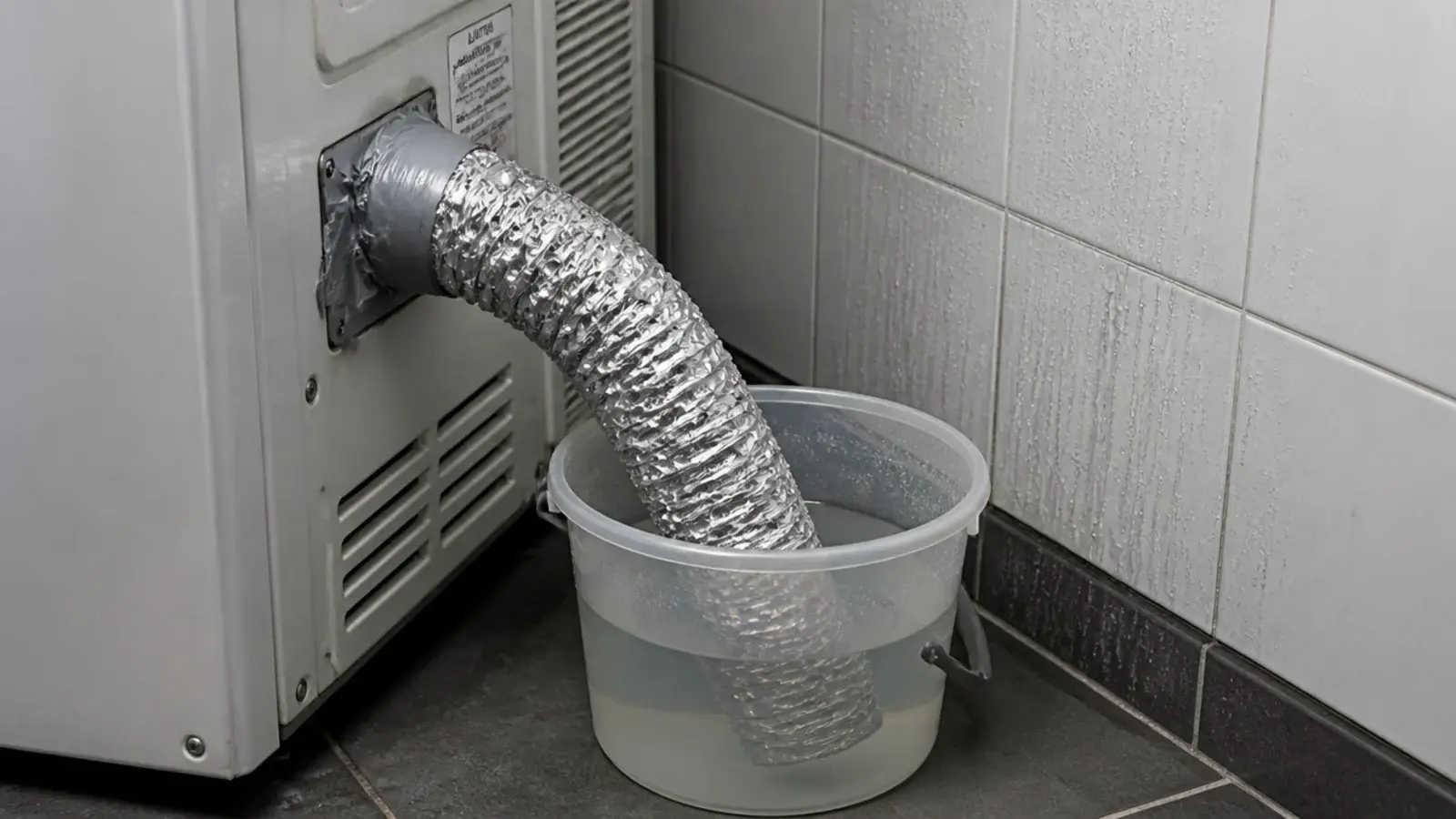 flexible dryer hose pushed into a bucket of water in a corner