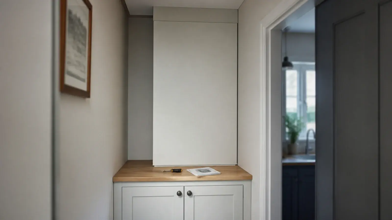 fixed panel cupboard built tightly around a wall mounted boiler
