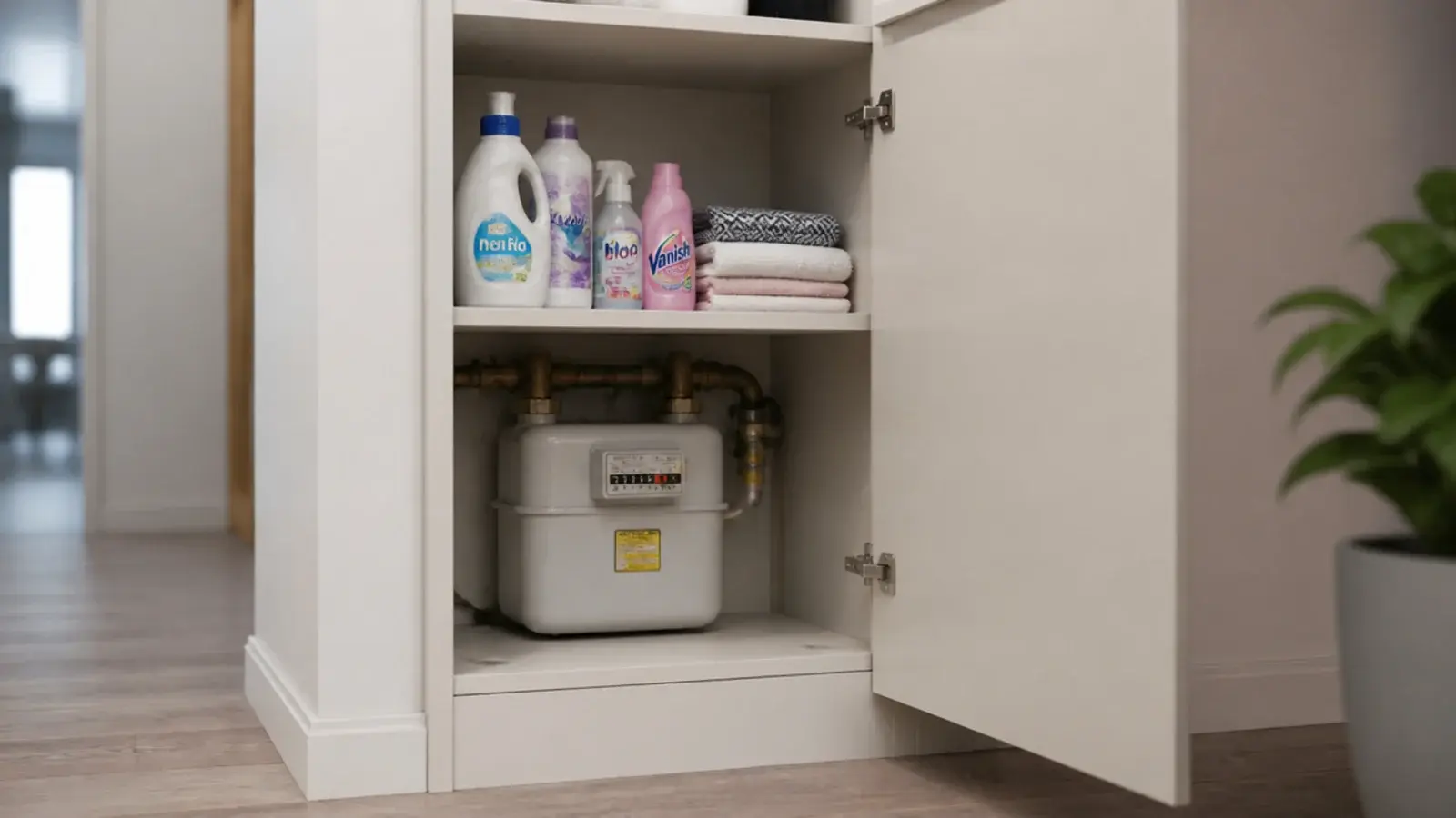 shelved cupboard closed across a gas meter with detergent stacked inside