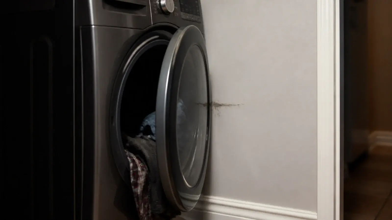 washer door stopped part open against a return wall in a corner