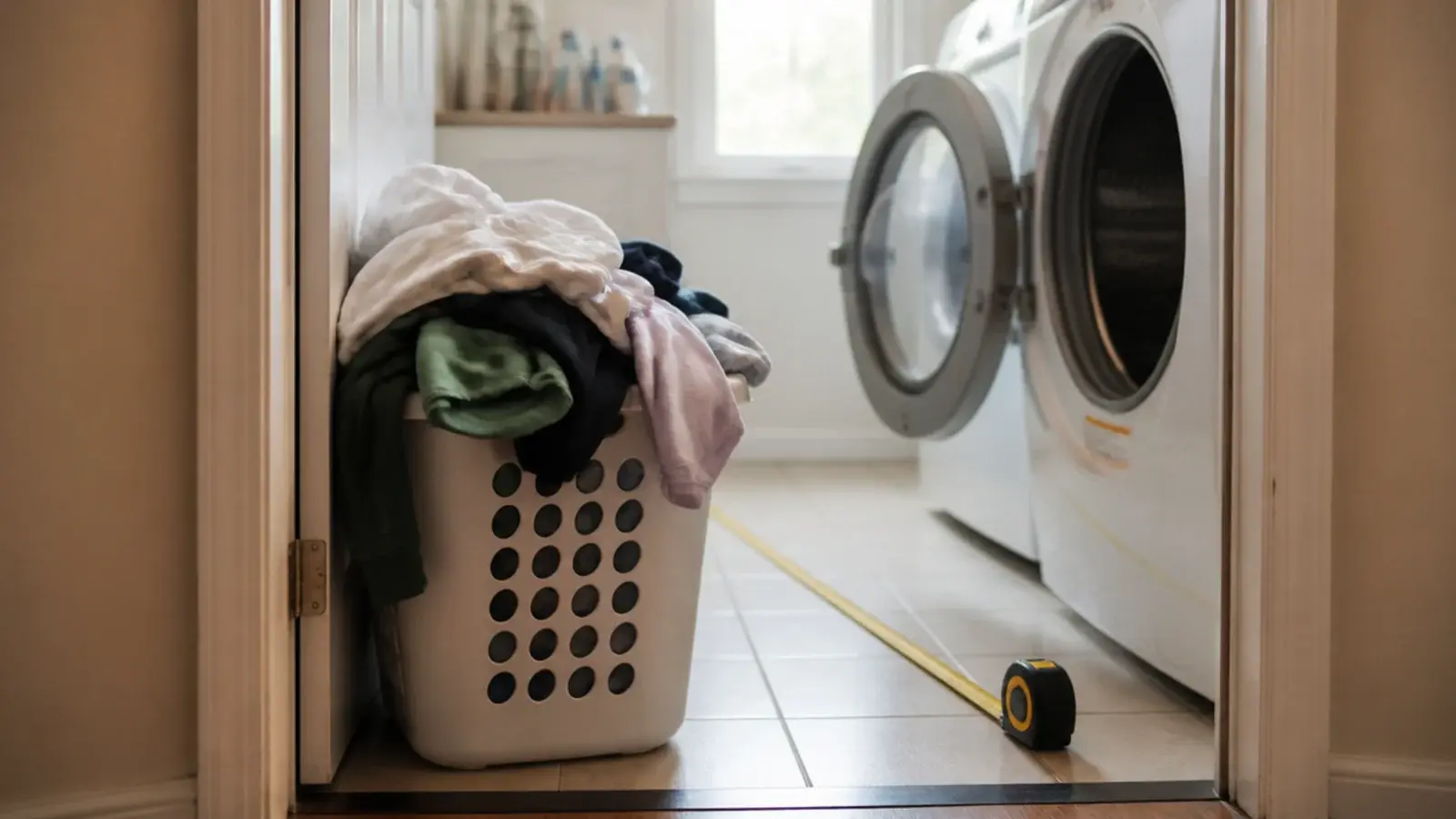 full laundry basket left in a doorway because the floor is blocked