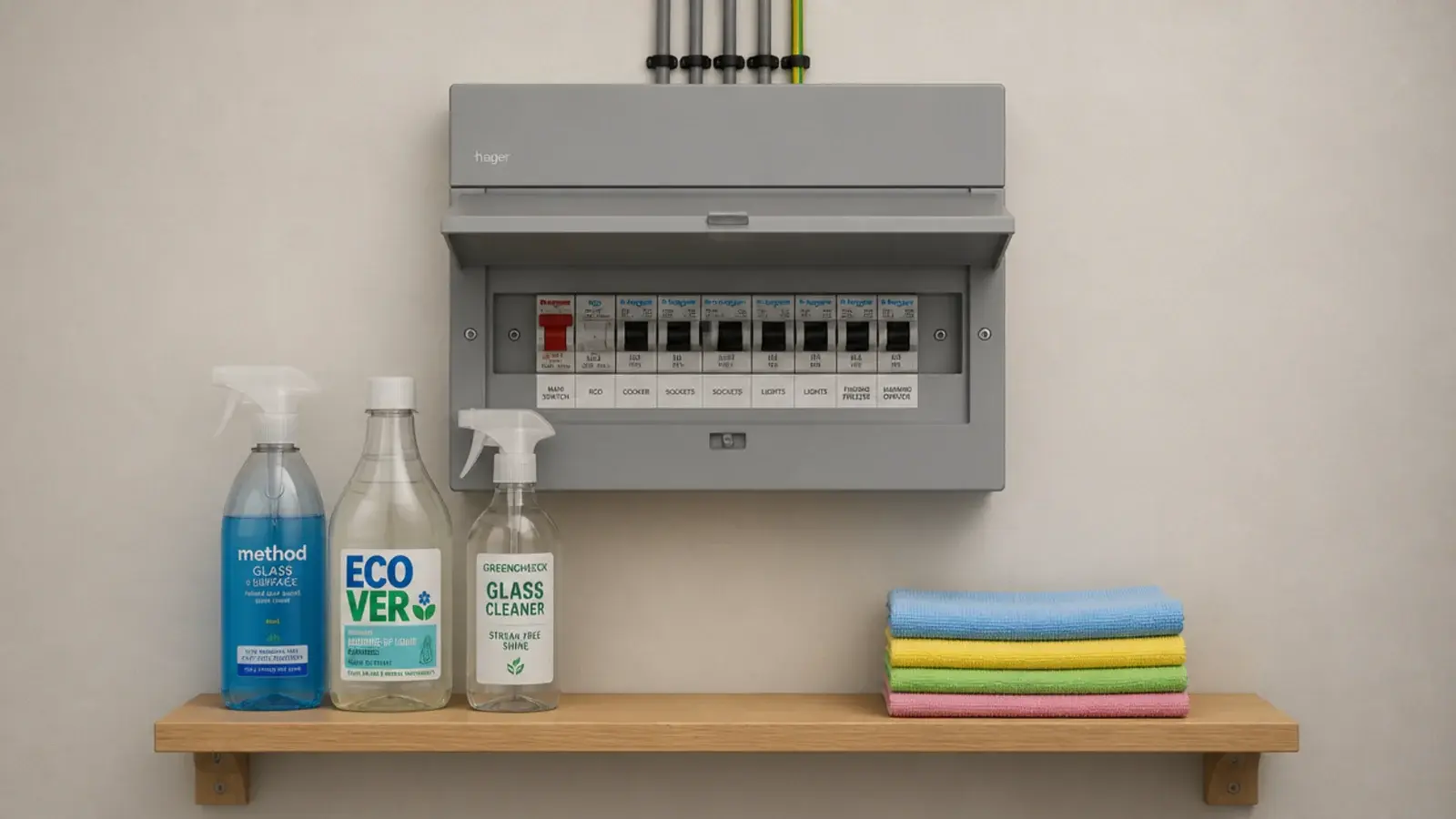 open shelf built beneath a consumer unit stacked with cleaning bottles