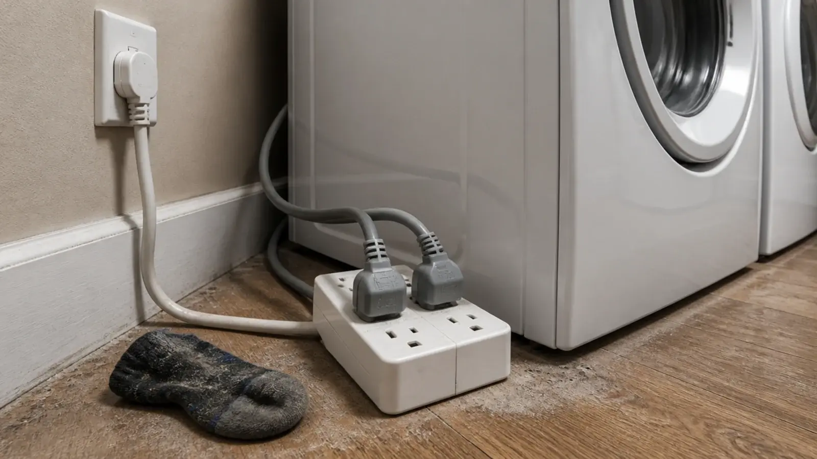 four way extension lead trailing behind two utility room machines