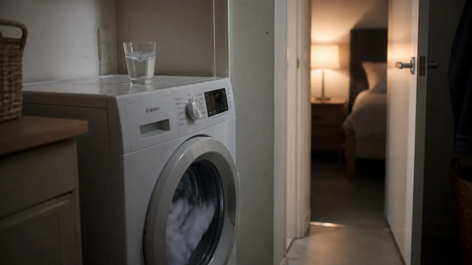 washing machine mid spin against a stud wall shared with a bedroom