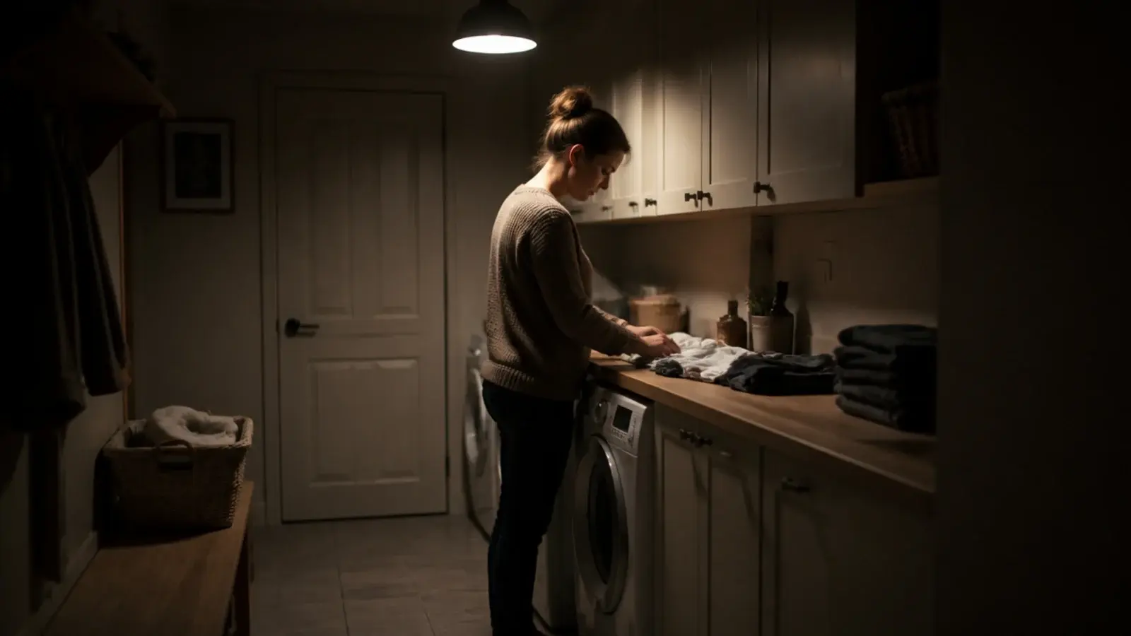 single ceiling light throwing a shadow across a utility worktop