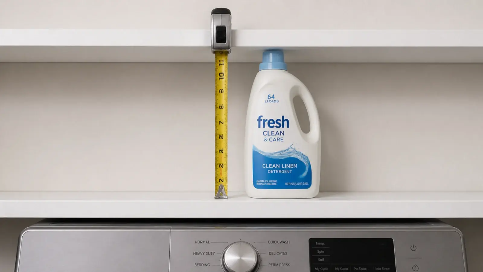 tape measure held vertically between two shelves above a laundry machine