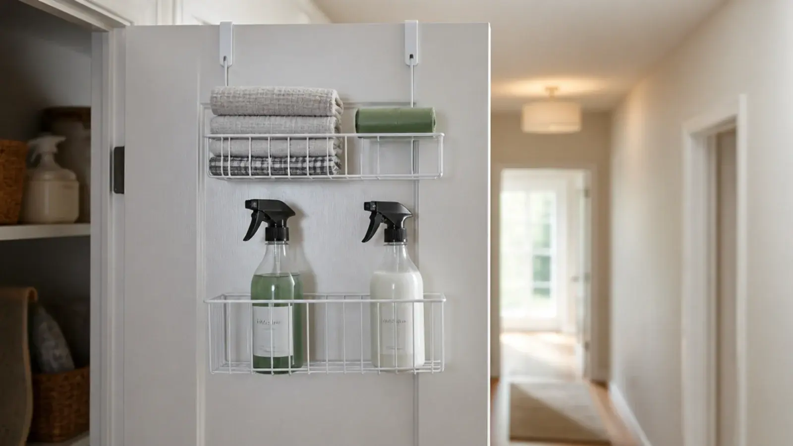 slim wire rack hooked over a utility door holding cloths and sprays