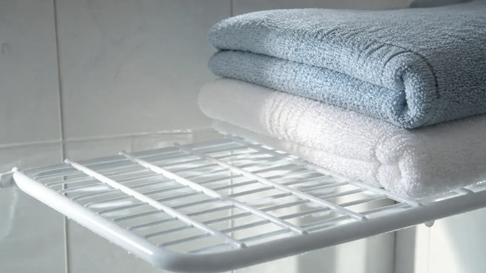 open wire shelf letting air pass around folded damp towels