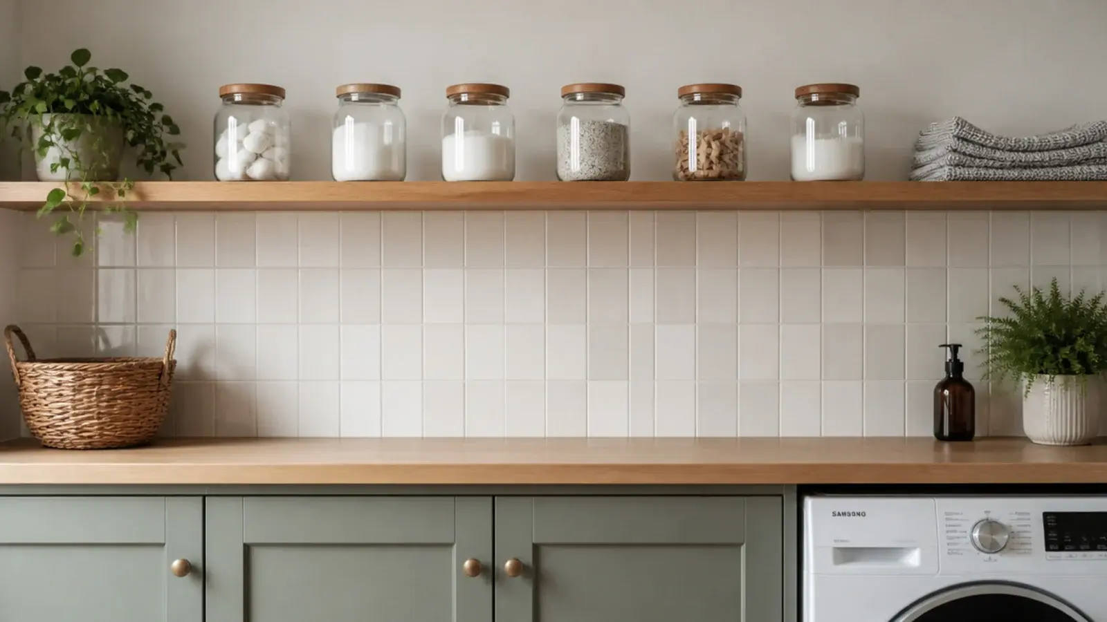 single long timber shelf running the full width above a utility worktop