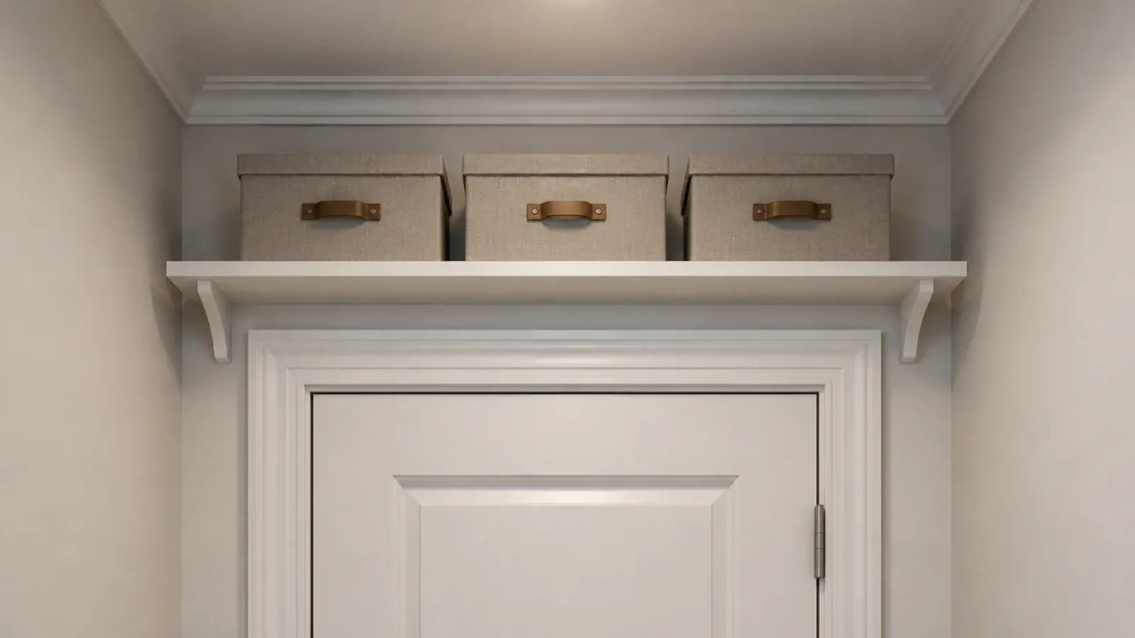 narrow shelf mounted in the wasted space directly above a door frame