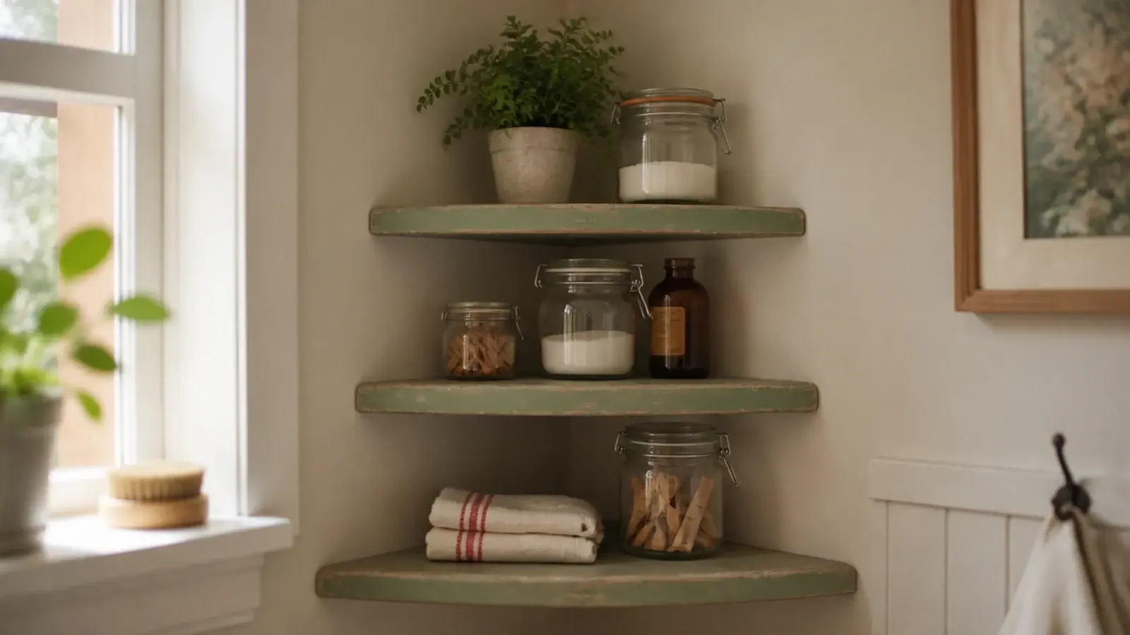triangular corner shelves fitted into an unused utility room corner