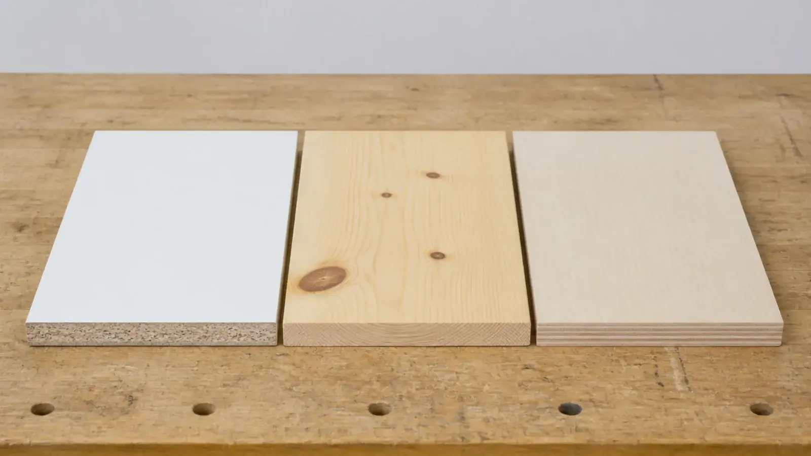 three shelf board samples in melamine solid pine and birch plywood