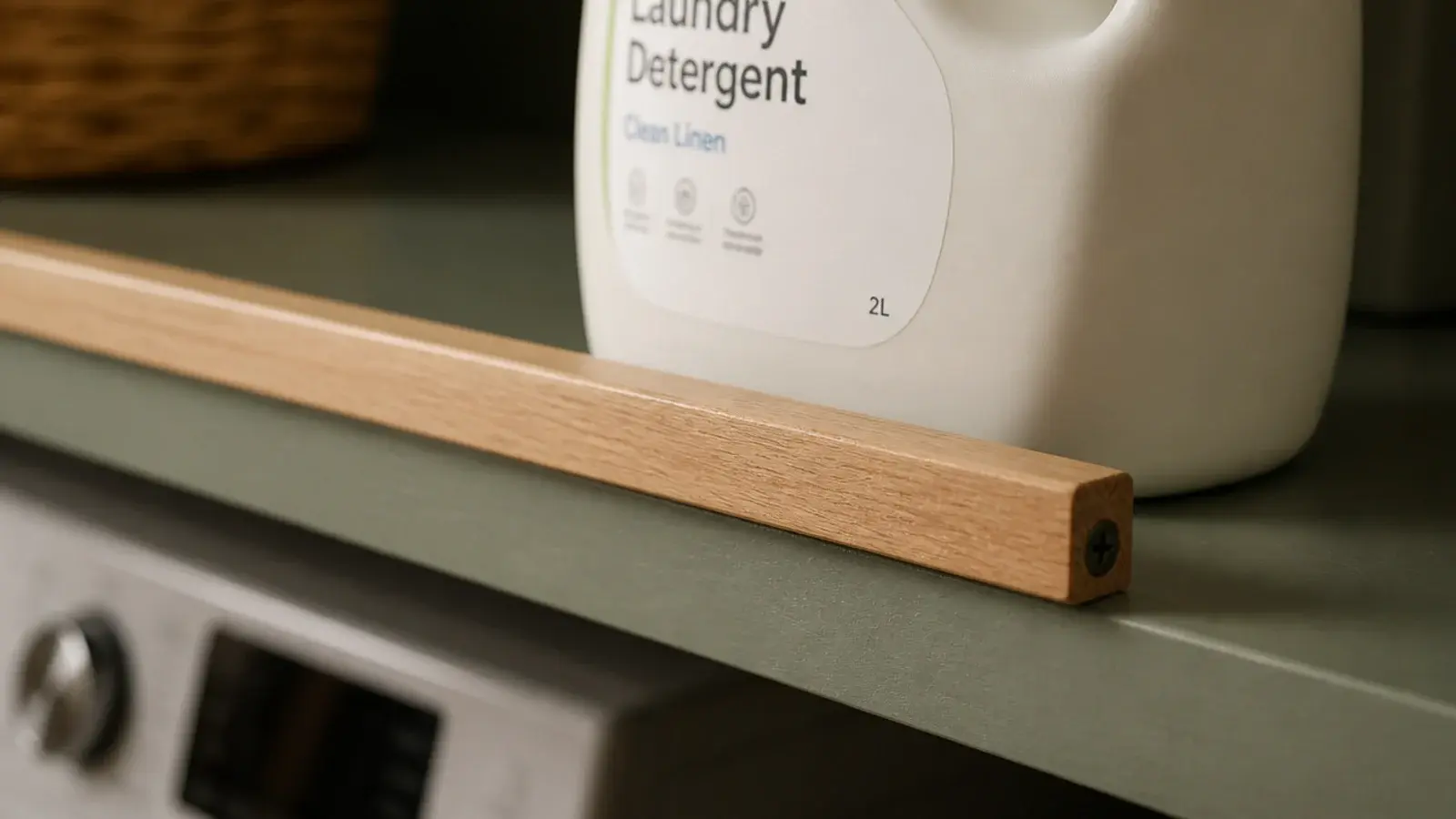 slim timber lip fixed along the front edge of a laundry shelf