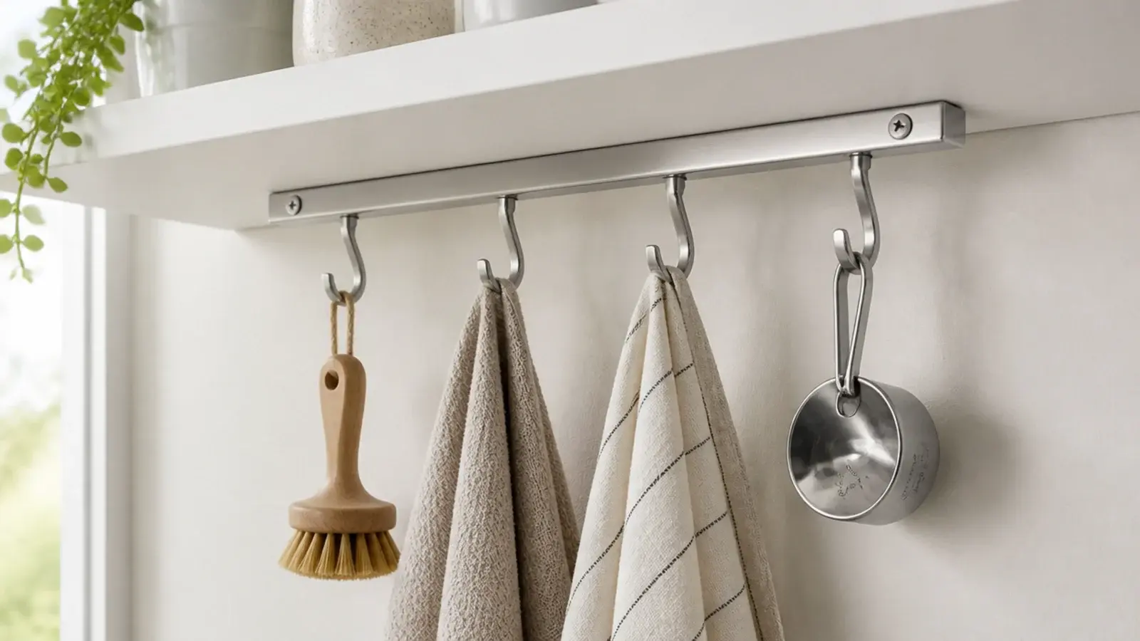 metal rail screwed under a shelf with hanging cloths and a brush