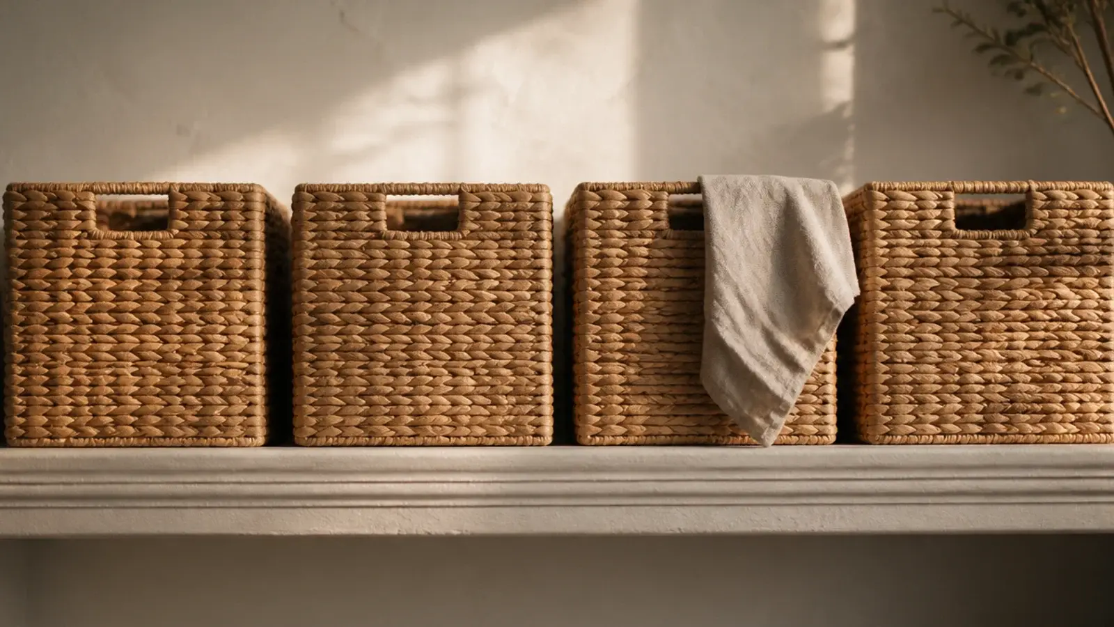 row of matching woven bins filling a utility shelf instead of loose items