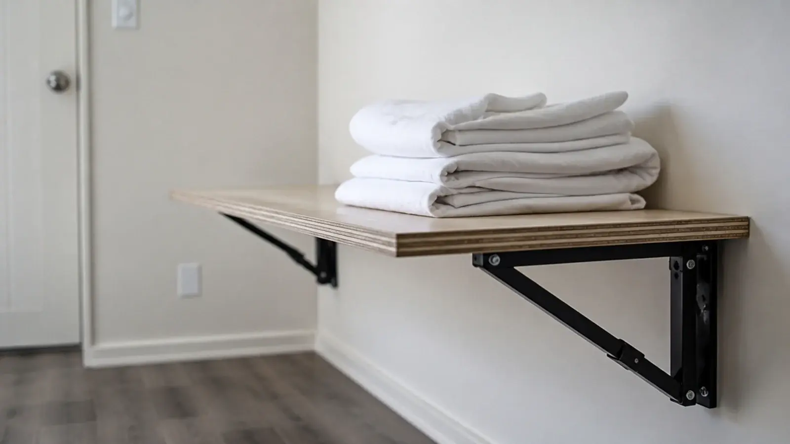 hinged drop down shelf lowered flat holding a stack of folded washing