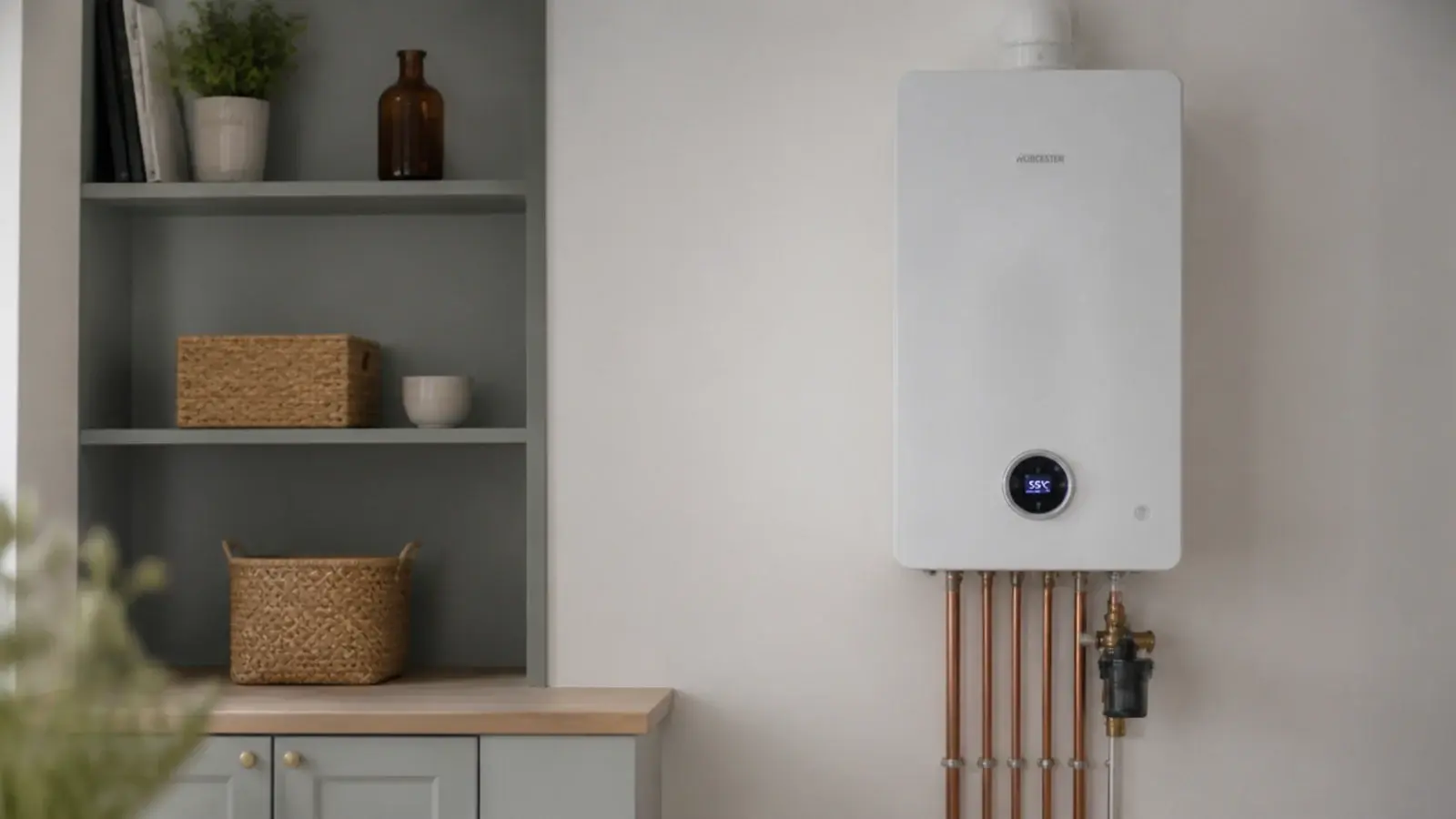 utility shelving stopping short of a wall boiler with clear space around