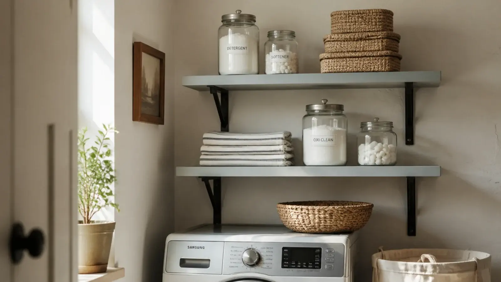 utility room shelving in painted timber holding detergent jars and folded cloths