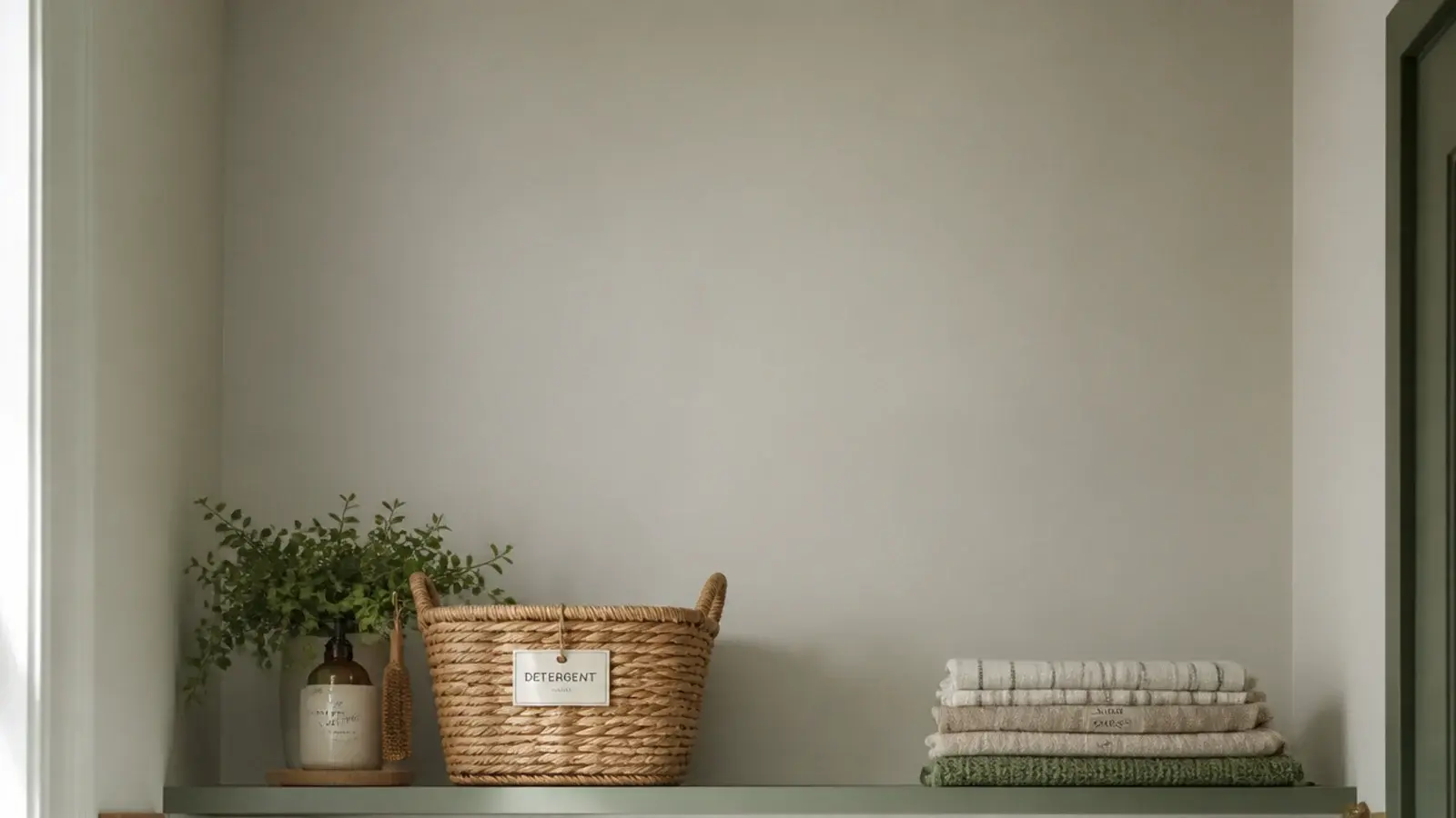 tall view of renter friendly utility room shelving with bins and bottles