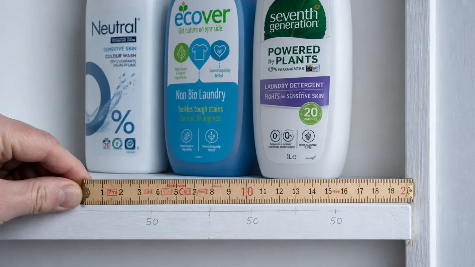 shallow shelf edge measured with a folding rule against detergent bottles