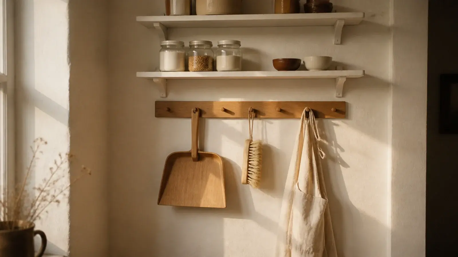 oak peg rail below two painted shelves holding brushes and a dustpan