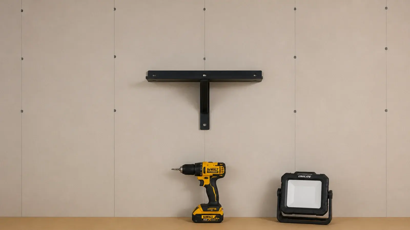 pencil stud lines marked on bare plasterboard beside a steel shelf bracket