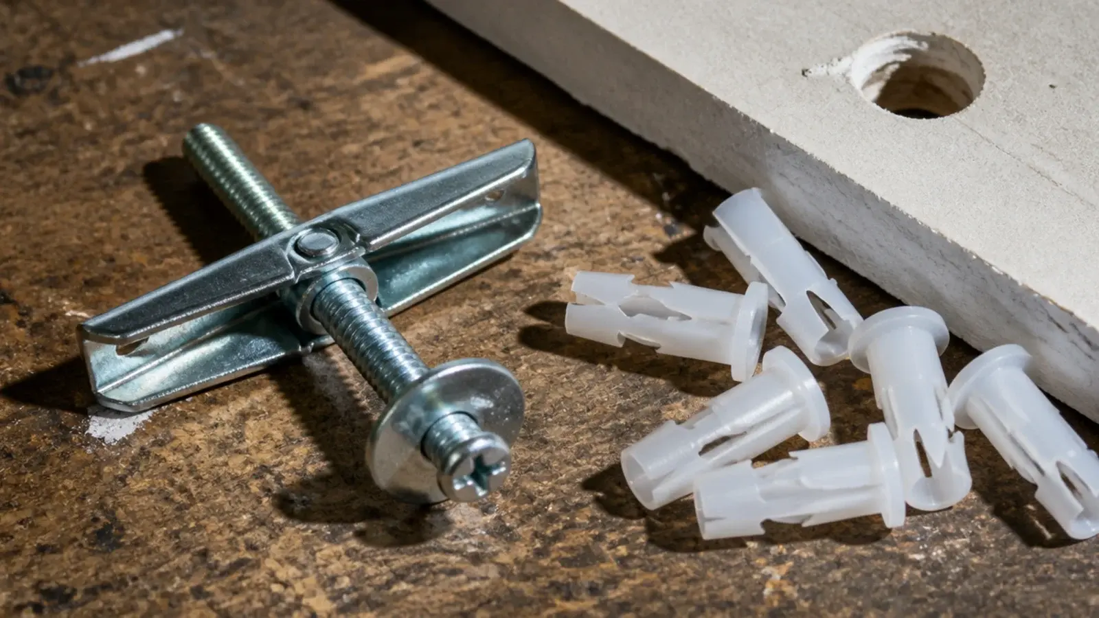 spring toggle bolt held open beside discarded plastic wall plugs