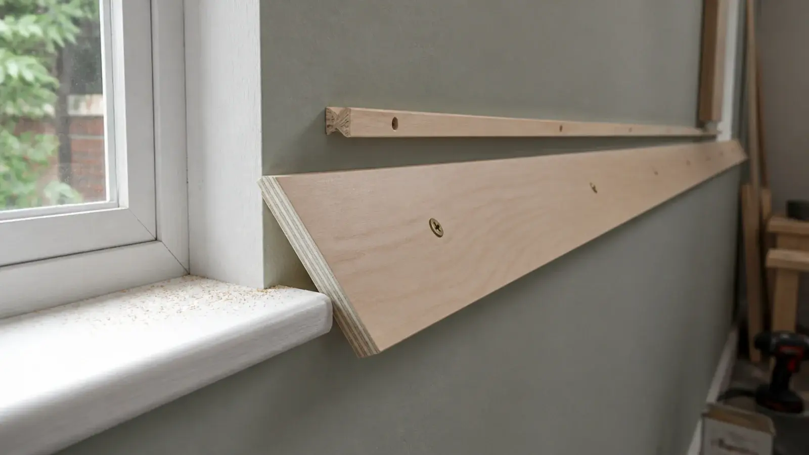 plywood French cleat cut at forty five degrees screwed along a wall