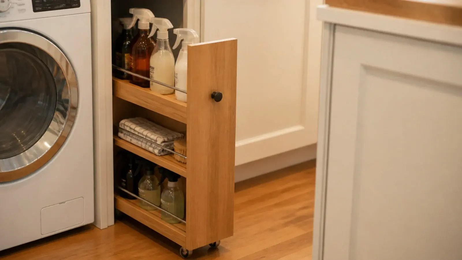 slim rolling tower drawn out from a narrow gap beside a washer