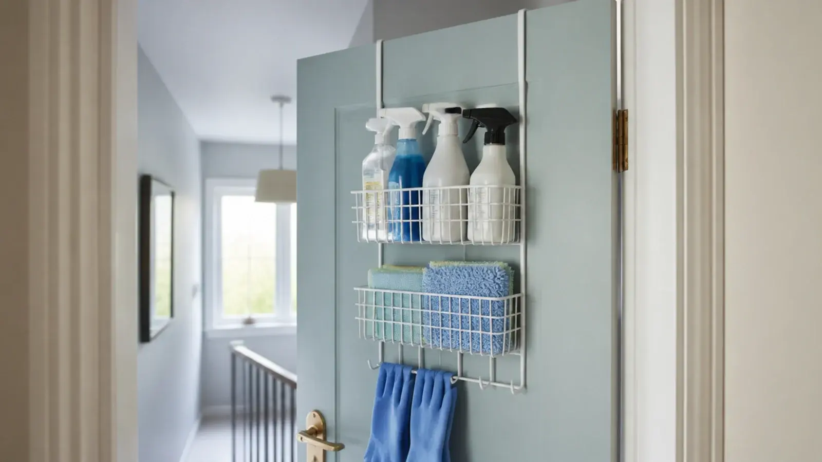 wire over-door rack loaded with sprays on the back of a door