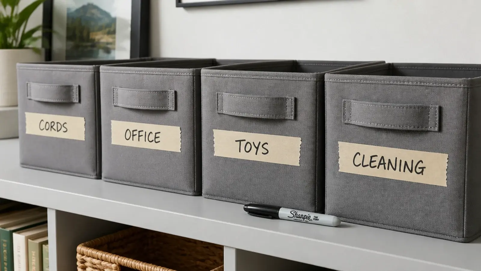 row of canvas bins with handwritten tape labels along the front edge