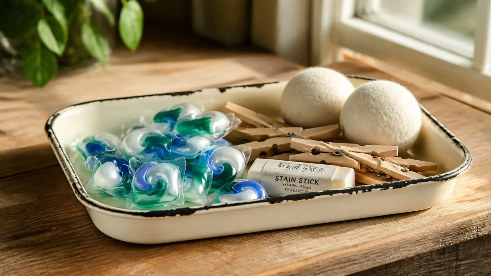 shallow enamel tray holding laundry pods wooden pegs and stain sticks