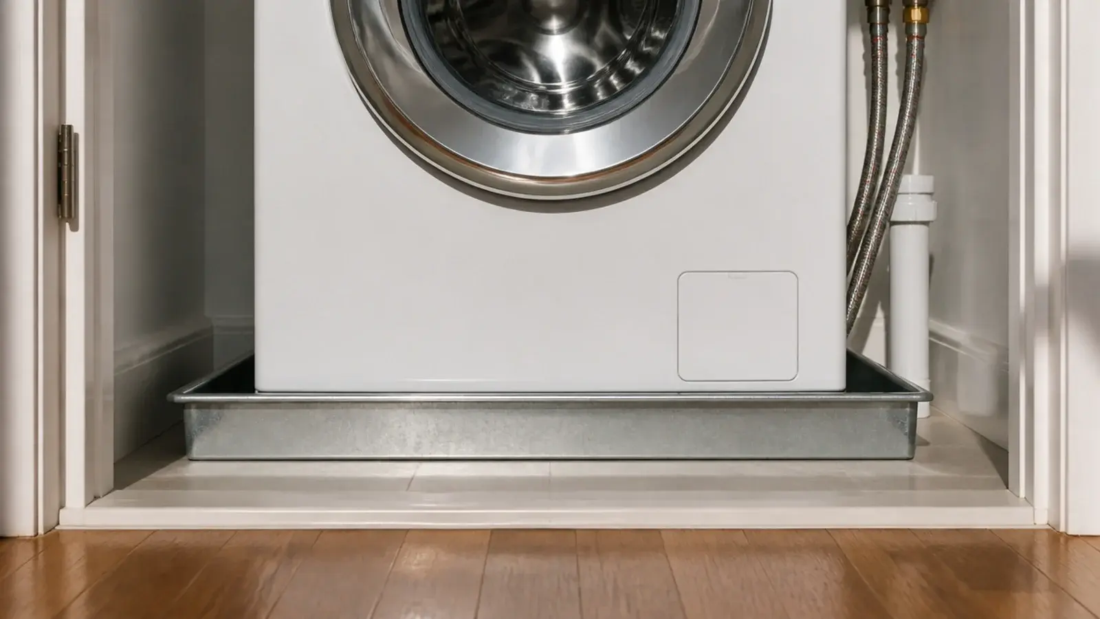 shallow drip tray installed beneath a washer with hoses running behind