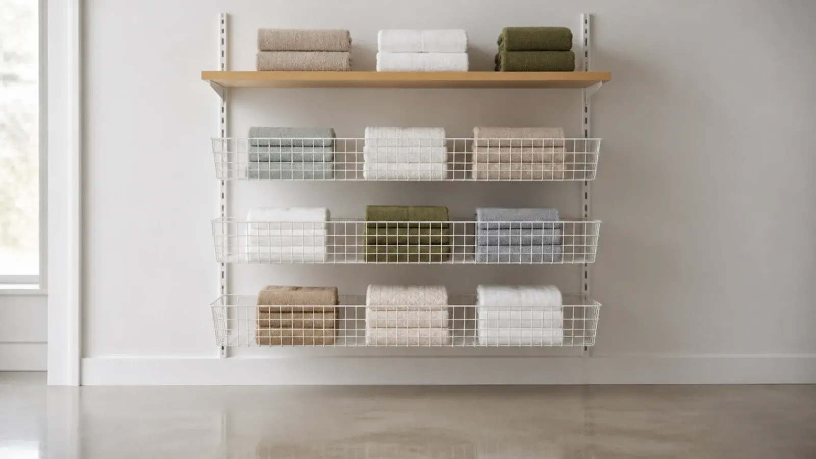 wall rail system carrying wire baskets and shelves above clear floor