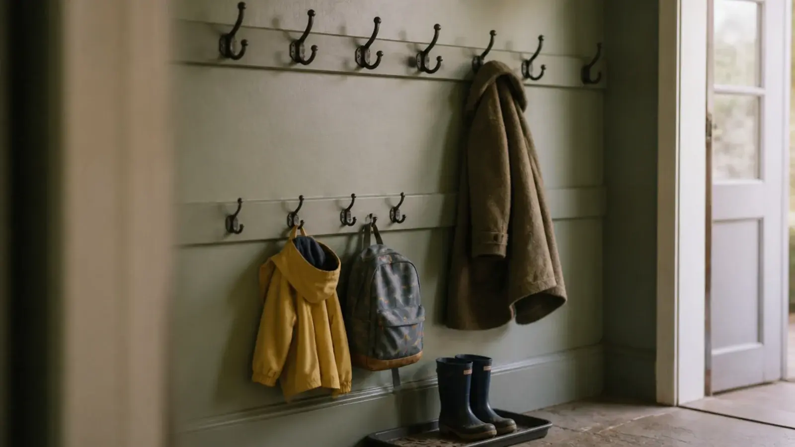 two hook heights on one wall with adult and child coats hanging