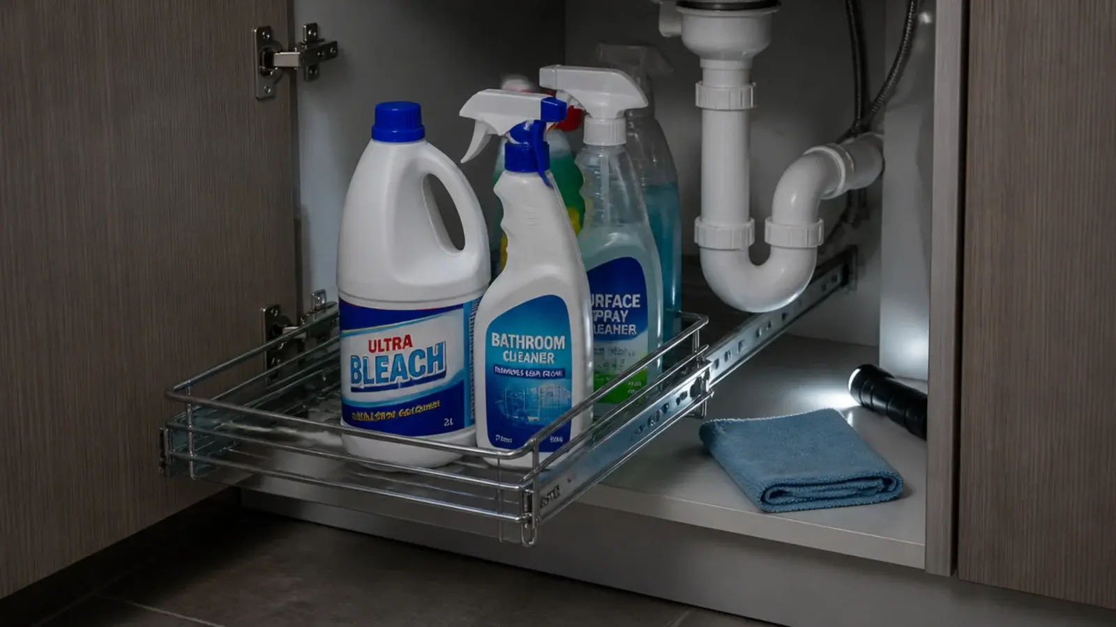 pull-out tray sliding past a waste trap under a utility sink
