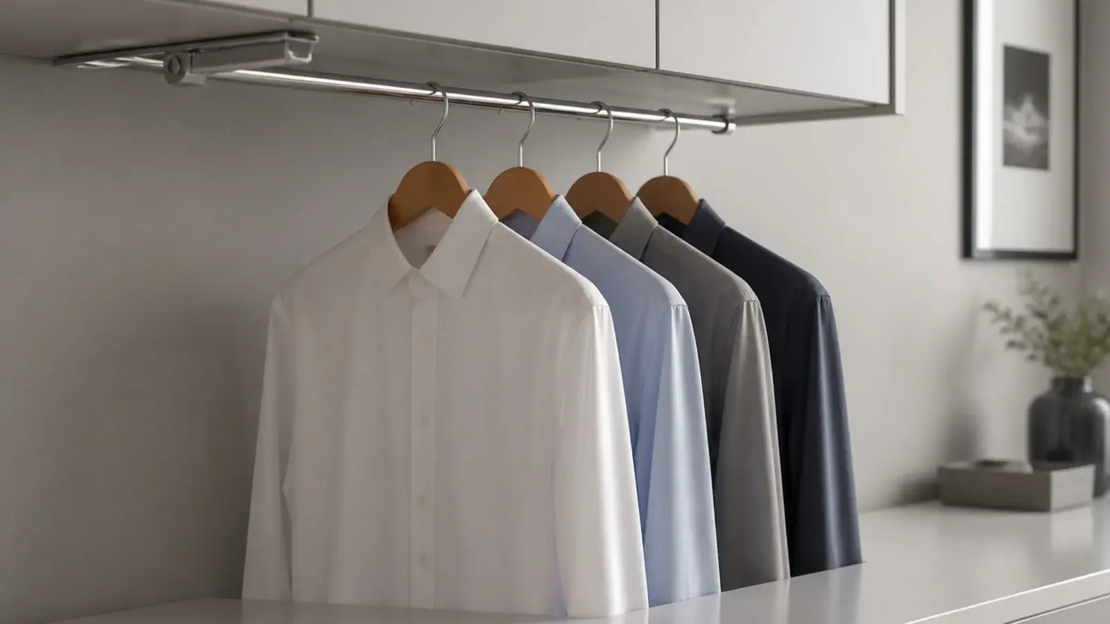 drop down drying rail hung with shirts beneath a wall cabinet