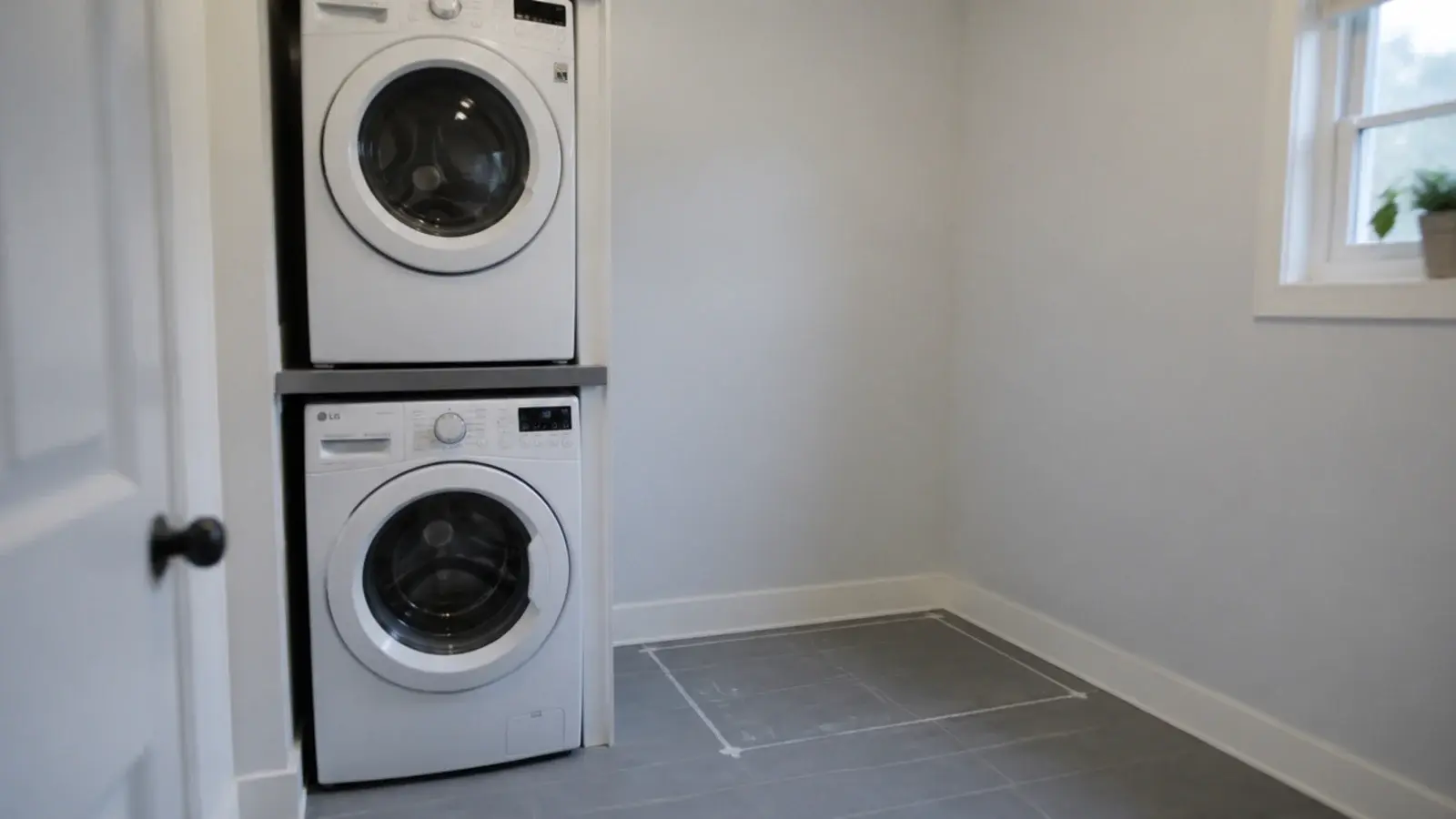 stacked washer and dryer beside a newly emptied stretch of floor