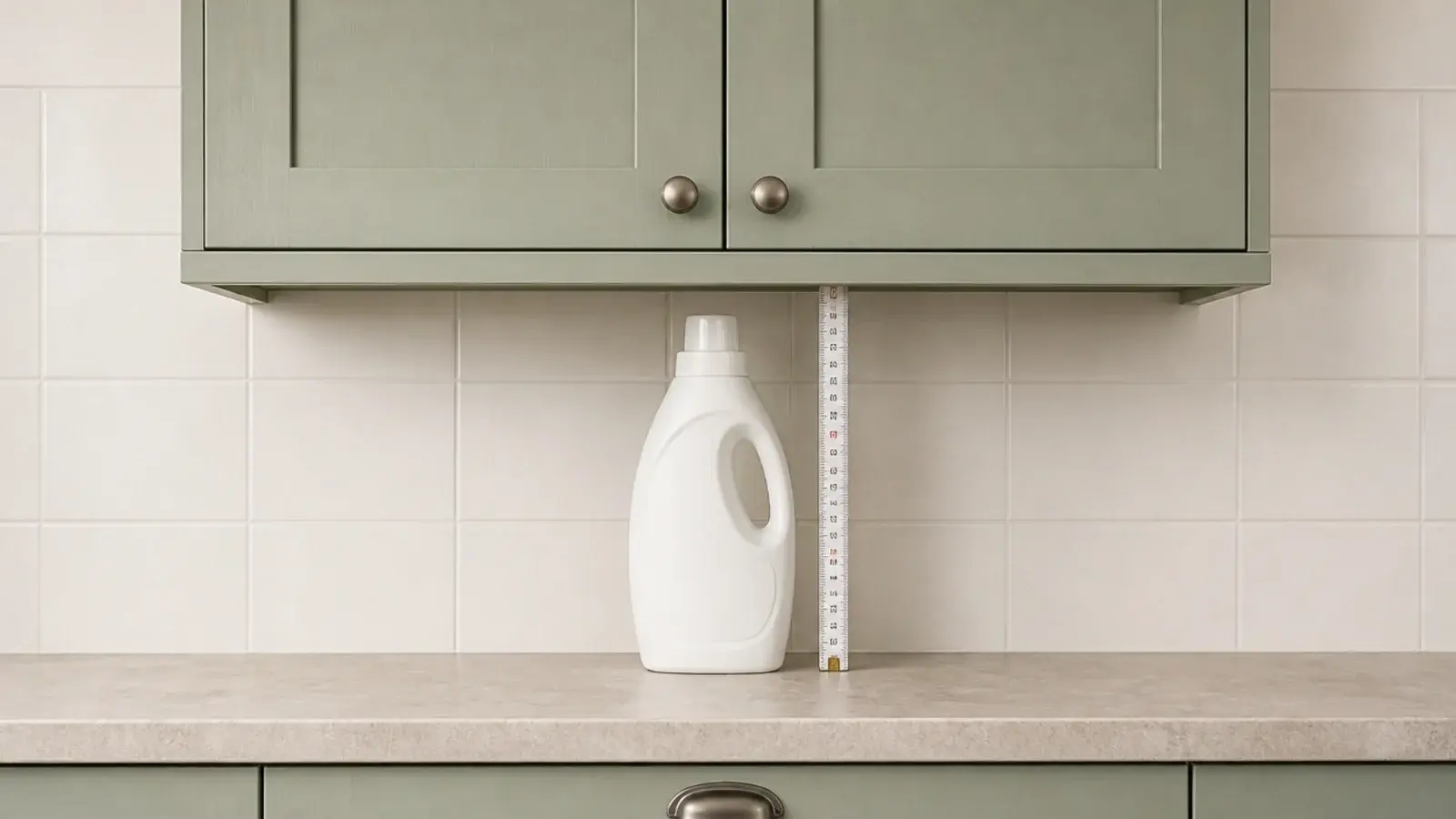 wall cabinet mounted clear above a worktop holding tall detergent bottles