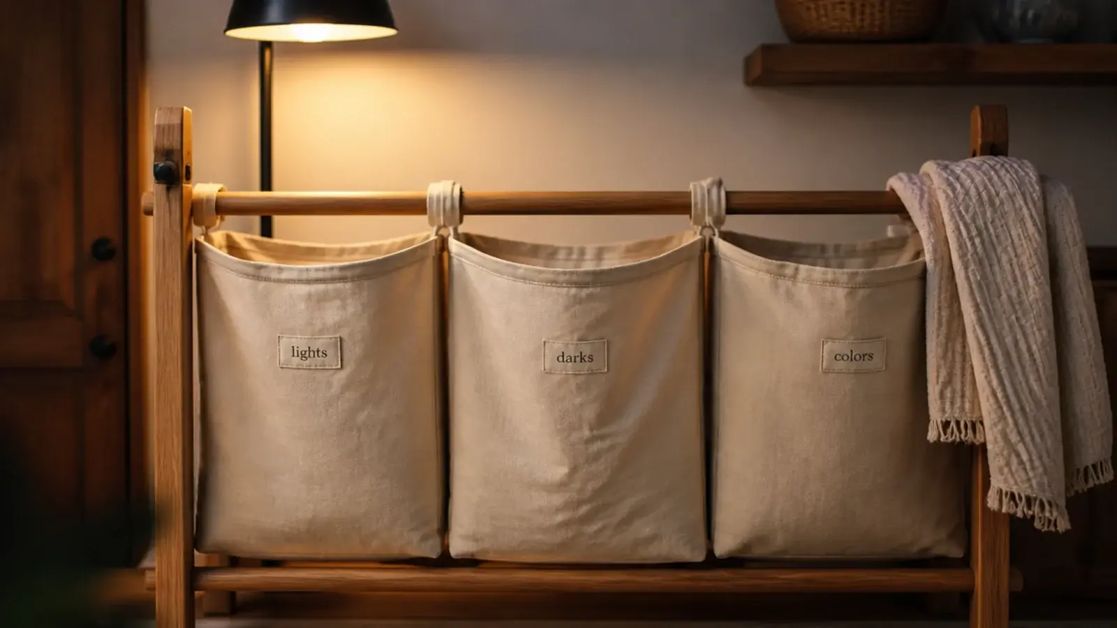 three canvas laundry bags on a frame sorted by whites and colours