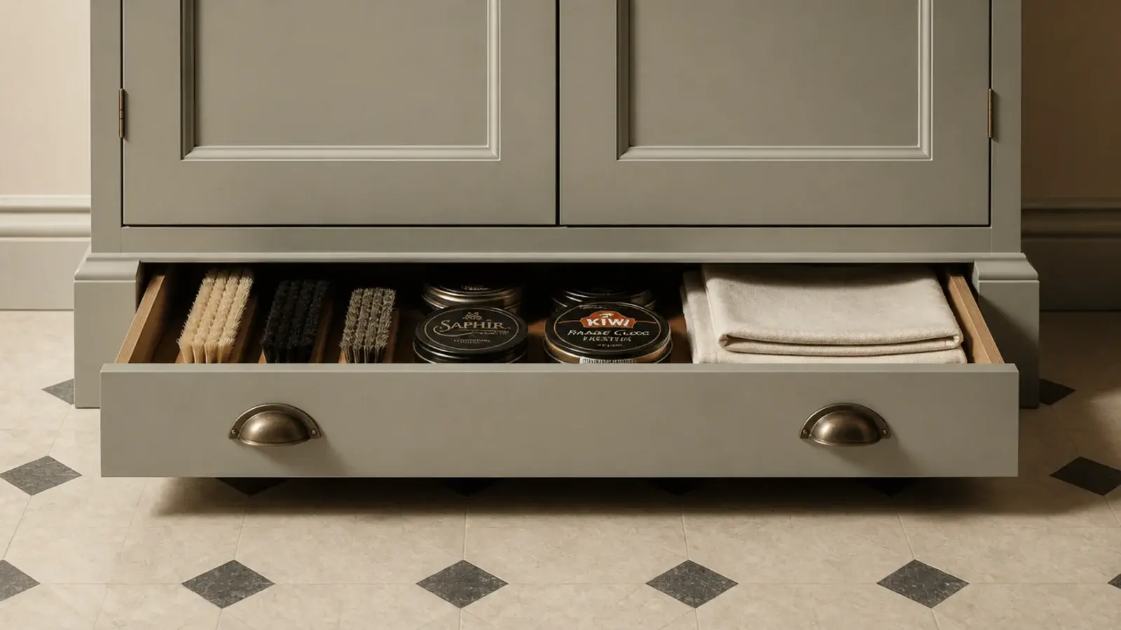 shallow toe-kick drawer pulled open below a base cabinet plinth
