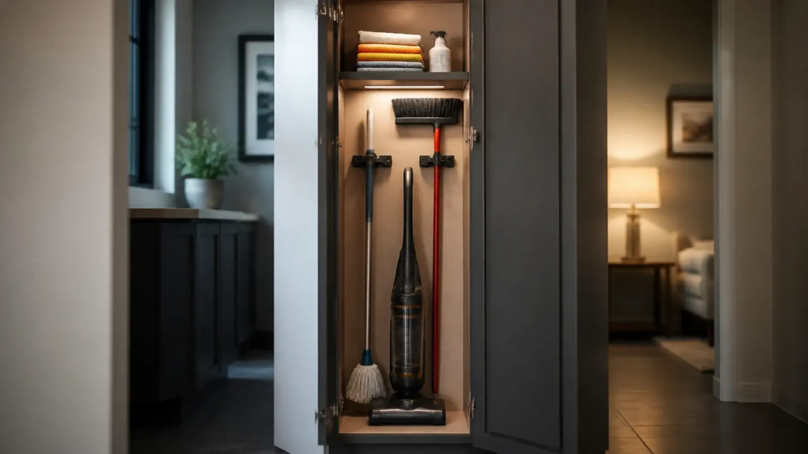 narrow tall cupboard open showing clipped mop broom and vacuum below