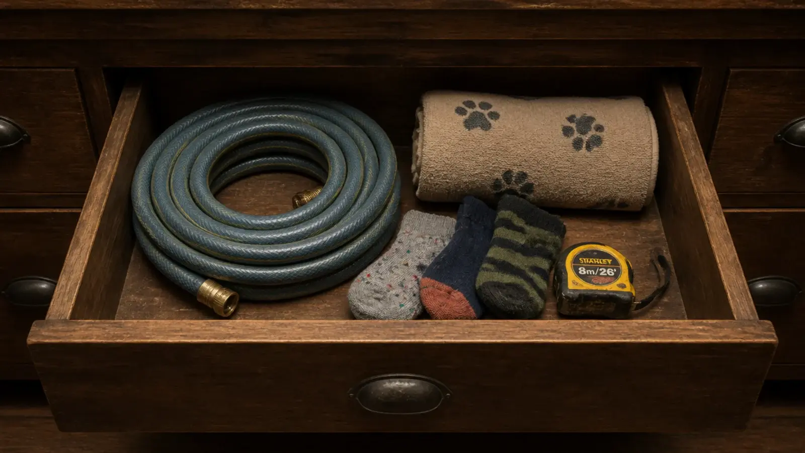 deep open drawer holding a spare hose dog towel and odd socks